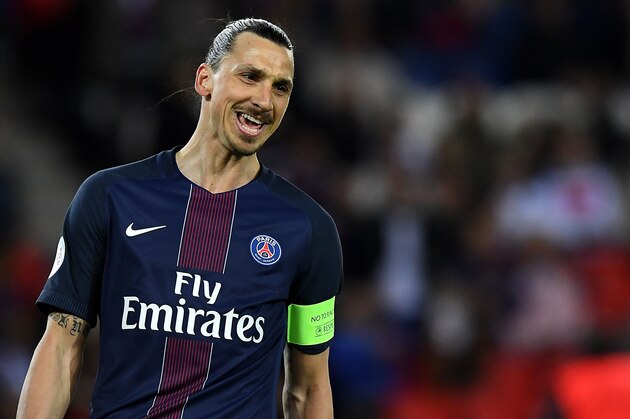 Paris Saint-Germain's Swedish forward Zlatan Ibrahimovic reacts during the French L1 football match between Paris Saint-Germain and Nantes at the Parc des Princes stadium in Paris on May 14, 2016.   / AFP / FRANCK FIFE        (Photo credit should read FRANCK FIFE/AFP/Getty Images)