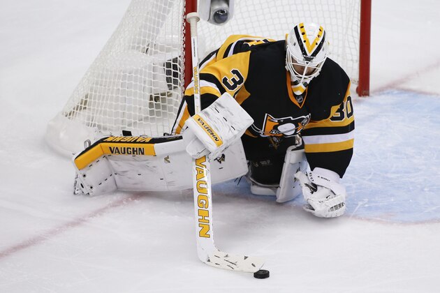 Pittsburgh Penguins goalie Matt Murray (30) plays against the Tampa Bay Lightning in Game 1 of the NHL hockey Stanley Cup Eastern Conference finals Friday, May 13, 2016, in Pittsburgh. (AP Photo/Gene J. Puskar)