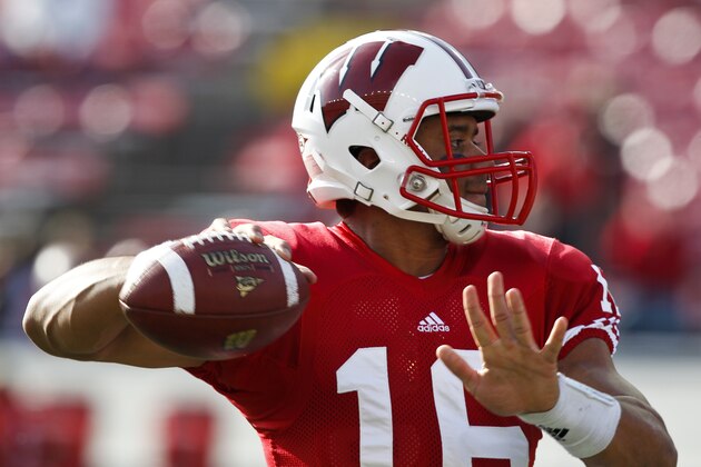 Wisconsin quarterback Russell Wilson warms up before an NCAA college football game against Purdue on Saturday, Nov. 5, 2011, in Madison, Wis. (AP Photo/Andy Manis)