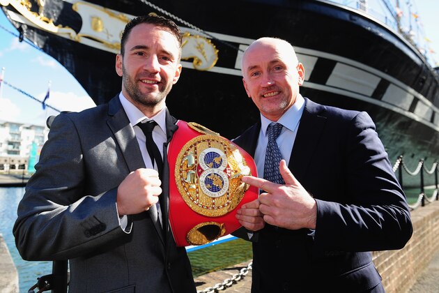 BRISTOL, ENGLAND - MARCH 31: Lee Haskins poses for a portrait alongside Barry McGuigan(R) during a Press Conference at the Great Eastern Hall on March 31, 2016 in Bristol, England.  (Photo by Harry Trump/Getty Images)