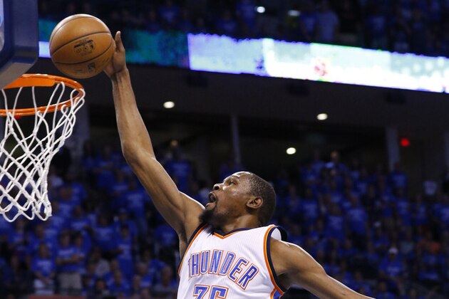 Oklahoma City Thunder forward Kevin Durant (35) dunks in the first quarter of Game 6 of a second-round NBA basketball playoff series against the San Antonio Spurs in Oklahoma City, Thursday, May 12, 2016. (AP Photo/Alonzo Adams) Oklahoma City Thunder forward Kevin Durant (35) dunks in the first quarter of Game 6 of a second-round NBA basketball playoff series against the San Antonio Spurs in Oklahoma City, Thursday, May 12, 2016. (AP Photo/Alonzo Adams)