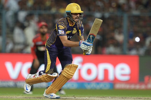 Kolkata Knight Riders Manish Pandey plays a shot during the 2016 Indian Premier League (IPL) Twenty20 cricket match between Kolkata Knight Riders and Royal Challengers Bangalore at the Eden Gardens Cricket Stadium in Kolkata on May 16, 2016.  ----IMAGE RESTRICTED TO EDITORIAL USE - STRICTLY NO COMMERCIAL USE----- / GETTYOUT' / AFP / Dibyangshu SARKAR        (Photo credit should read DIBYANGSHU SARKAR/AFP/Getty Images)