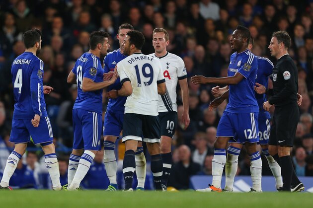 LONDON, ENGLAND - MAY 02 :  Diego Costa of Chelsea and Mousa Dembele of Tottenham Hotspur clash during the Barclays Premier League match between Chelsea and Tottenham Hotspur at Stamford Bridge on May 2, 2016 in London, England.  (Photo by Catherine Ivill - AMA/Getty Images)