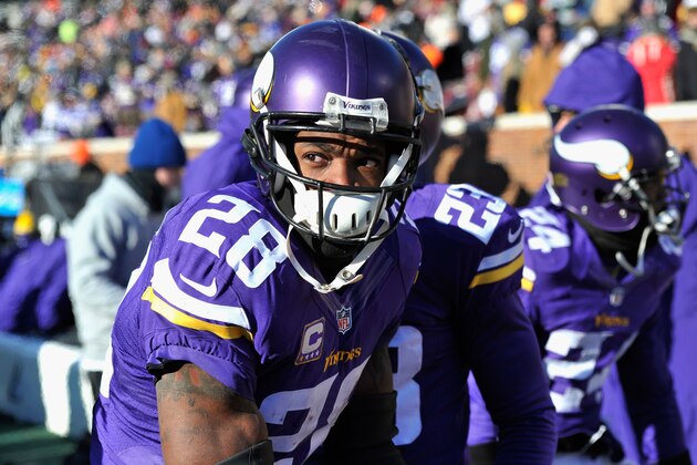 MINNEAPOLIS, MN - JANUARY 10:  Adrian Peterson #28 of the Minnesota Vikings looks on prior to the NFC Wild Card Playoff game between the Minnesota Vikings and the Seattle Seahawks at TCFBank Stadium on January 10, 2016 in Minneapolis, Minnesota.  (Photo by Hannah Foslien/Getty Images)