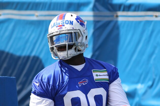 Buffalo Bills linebacker Shaq Lawson (90) takes part in drills during their NFL football rookie minicamp in Orchard Park, N.Y., Friday, May 6, 2016. (AP Photo/Bill Wippert)