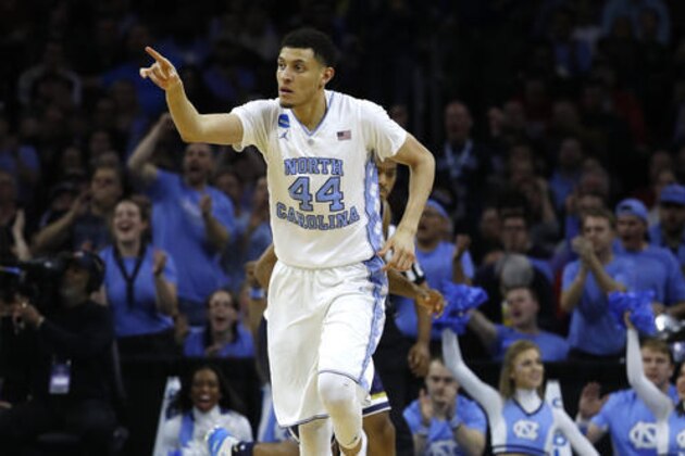 North Carolina's Justin Jackson reacts during the second half of a regional final men's college basketball game against Notre Dame in the NCAA Tournament, Sunday, March 27, 2016, in Philadelphia. (AP Photo/Matt Rourke)
