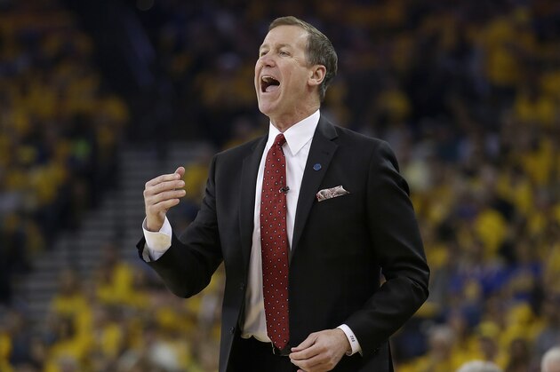 Portland Trail Blazers head coach Terry Stotts yells during the first half in Game 1 of a second-round NBA basketball playoff series against the Golden State Warriors in Oakland, Calif., Sunday, May 1, 2016. (AP Photo/Marcio Jose Sanchez)