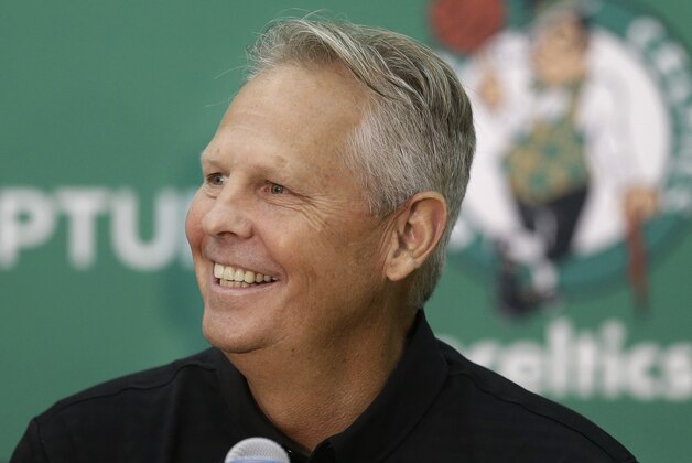 Boston Celtics general manager Danny Ainge speaks during a news conference at the NBA basketball team's training facility Monday, July 27, 2015, in Waltham, Mass. The news conference was held to introduce five Boston Celtics players. (AP Photo/Steven Senne)