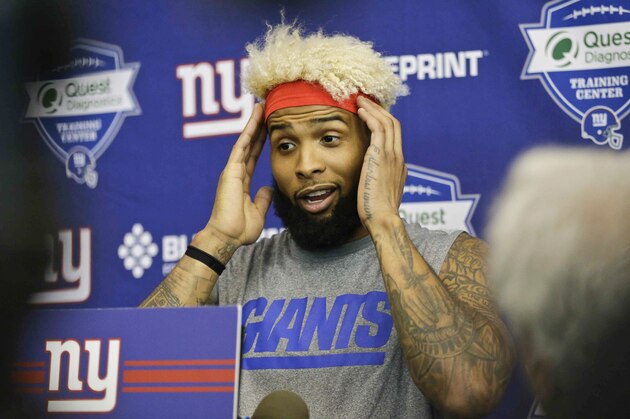 New York Giants' Odell Beckham Jr. responds to questions after an NFL football minicamp practice Tuesday, April 26, 2016, in East Rutherford, N.J. (AP Photo/Frank Franklin II)