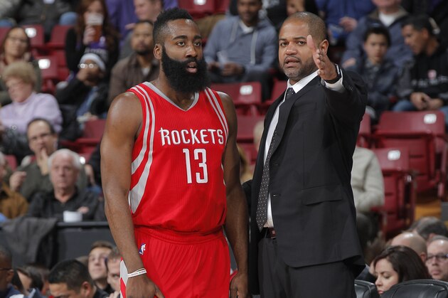 SACRAMENTO, CA - DECEMBER 15: Head coach J.B. Bickerstaff of the Houston Rockets coaches James Harden #13 against the Sacramento Kings on December 15, 2015 at Sleep Train Arena in Sacramento, California. NOTE TO USER: User expressly acknowledges and agrees that, by downloading and or using this photograph, User is consenting to the terms and conditions of the Getty Images Agreement. Mandatory Copyright Notice: Copyright 2015 NBAE (Photo by Rocky Widner/NBAE via Getty Images)