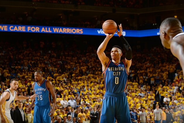 OAKLAND, CA - MAY 16: Russell Westbrook #0 of the Oklahoma City Thunder shoots against the Golden State Warriors during Game One of the Western Conference Finals during the 2016 NBA Playoffs on May 16, 2016 at ORACLE Arena in Oakland, California. NOTE TO USER: User expressly acknowledges and agrees that, by downloading and or using this Photograph, user is consenting to the terms and conditions of the Getty Images License Agreement. Mandatory Copyright Notice: Copyright 2016 NBAE (Photo by Noah Graham/NBAE via Getty Images)
