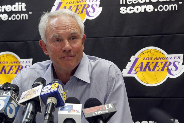 Mitch Kupchak, Los Angeles Lakers general manager, speaks to reporers about the upcoming season, Wednesday Sept. 25, 2013, in El Segundo, Calif. Kupchak says Kobe Bryant was at the NBA basketball team's training complex almost every morning this summer, working aggressively to return from surgery on his torn left Achilles' tendon. (AP Photo/Nick Ut)