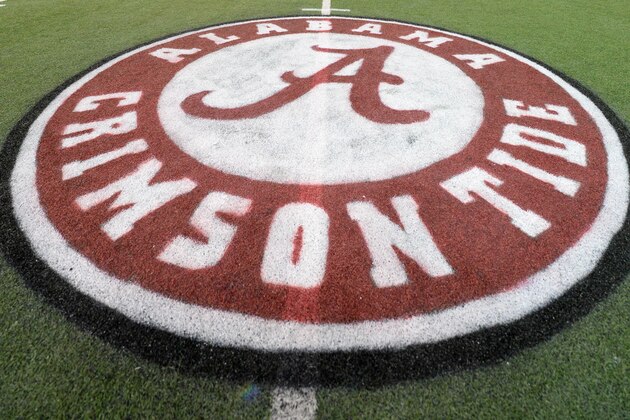 Dec 5, 2014; Atlanta, GA, USA; The Alabama Crimson Tide logo is seen on the field of the Georgia Dome. Alabama plays Missouri in the SEC Championship on Saturday. Mandatory Credit: John David Mercer-USA TODAY Sports