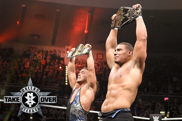 Chad Gable and Jason Jordan celebrating their title win.