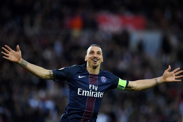 Paris Saint-Germain's Swedish forward Zlatan Ibrahimovic celebrates his goal during the French L1 football match between Paris Saint-Germain and Nantes at the Parc des Princes stadium in Paris on May 14, 2016.   / AFP / FRANCK FIFE        (Photo credit should read FRANCK FIFE/AFP/Getty Images)