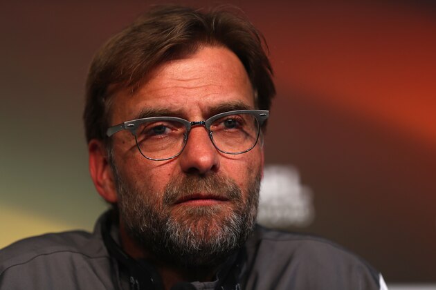 BASEL, SWITZERLAND - MAY 17:  In this handout image provided by UEFA, Jurgen Klopp, manager of Liverpool talks during a Liverpool press conference on the eve of the UEFA Europa League Final against Sevilla at St. Jakob-Park on May 17, 2016 in Basel, Switzerland.  (Photo by Handout/UEFA via Getty Images)