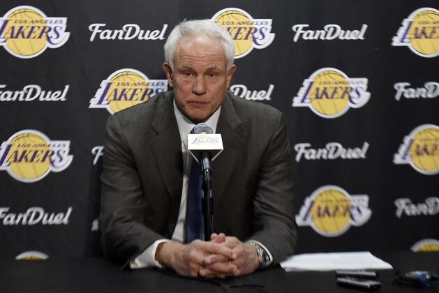 Nov 29, 2015; Los Angeles, CA, USA; Los Angeles Lakers general manager Mitch Kupchak speaks to the media before the game against the Indiana Pacers at Staples Center. Mandatory Credit: Richard Mackson-USA TODAY Sports