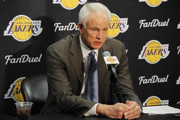 LOS ANGELES, CA - NOVEMBER 29:  Mitch Kupchak, general manager of the Los Angeles Lakers speaks at a press conference before the game against the Indiana Pacers on November 29, 2015 at STAPLES Center in Los Angeles, California. NOTE TO USER: User expressly acknowledges and agrees that, by downloading and/or using this Photograph, user is consenting to the terms and conditions of the Getty Images License Agreement. Mandatory Copyright Notice: Copyright 2015 NBAE (Photo by Andrew D. Bernstein/NBAE via Getty Images)