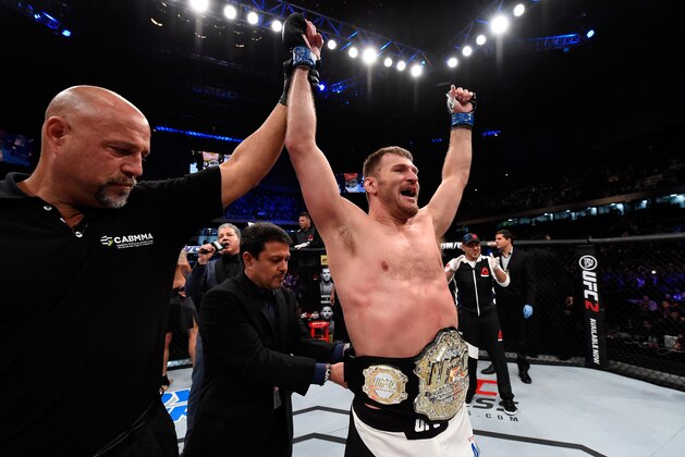 CURITIBA, BRAZIL - MAY 14:  Stipe Miocic celebrates after defeating Fabricio Werdum of Brazil by KO in their UFC heavyweight championship bout during the UFC 198 event at Arena da Baixada stadium on May 14, 2016 in Curitiba, Parana, Brazil.  (Photo by Josh Hedges/Zuffa LLC/Zuffa LLC via Getty Images)