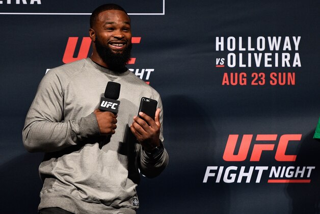SASKATOON, SK - AUGUST 22:  UFC welterweight Tyron Woodley interacts with fans during a Q&A session before the UFC weigh-in inside the SaskTel Centre on August 22, 2015 in Saskatoon, Saskatchewan, Canada. (Photo by Jeff Bottari/Zuffa LLC/Zuffa LLC via Getty Images)
