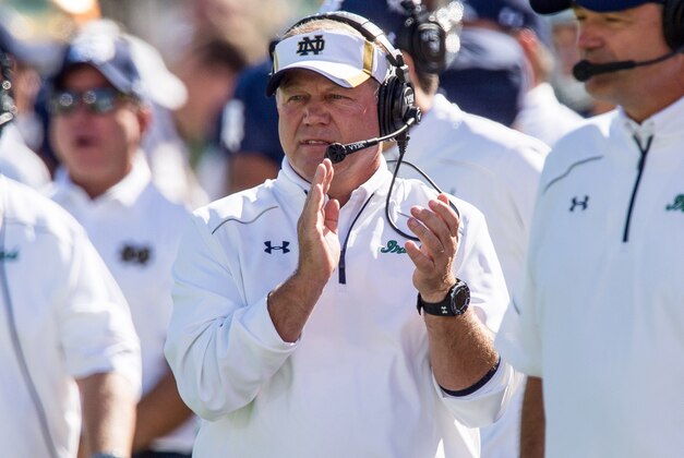 Sep 19, 2015; South Bend, IN, USA; Notre Dame Fighting Irish head coach Brian Kelly watches from the sideline in the first quarter against the Georgia Tech Yellow Jackets at Notre Dame Stadium. Mandatory Credit: Matt Cashore-USA TODAY Sports