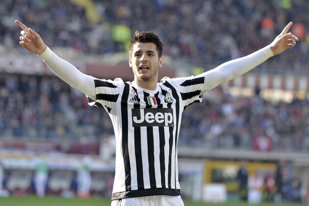 Juventus' Alvaro Morata celebrates after scoring during a Serie A soccer match between Torino and Juventus at Turin's Olympic stadium, Sunday, March 20, 2016. Juventus won 4-1. (Alessandro Di Marco/ANSA via AP)