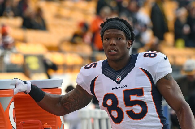 PITTSBURGH, PA - DECEMBER 20:  Tight end Virgil Green #85 of the Denver Broncos looks on from the sideline before a game against the Pittsburgh Steelers at Heinz Field on December 20, 2015 in Pittsburgh, Pennsylvania.  The Steelers defeated the Broncos 34-27.  (Photo by George Gojkovich/Getty Images)