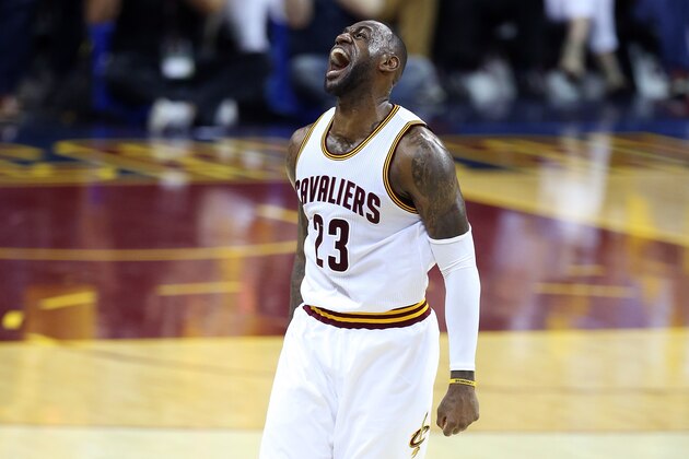 CLEVELAND, OH - MAY 17:  LeBron James #23 of the Cleveland Cavaliers reacts after a basket in the second quarter against the Toronto Raptors in game one of the Eastern Conference Finals during the 2016 NBA Playoffs at Quicken Loans Arena on May 17, 2016 in Cleveland, Ohio. NOTE TO USER: User expressly acknowledges and agrees that, by downloading and or using this photograph, User is consenting to the terms and conditions of the Getty Images License Agreement.  (Photo by Andy Lyons/Getty Images)