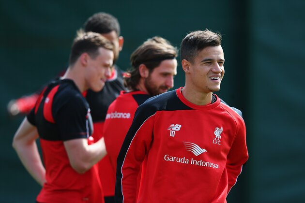 LIVERPOOL, ENGLAND - MAY 13:  Philippe Coutinho of Liverpool looks on during a training session at the Liverpool UEFA Europa League Cup Final Media Day at Melwood Training Ground on May 13, 2016 in Liverpool, England.  (Photo by Alex Livesey/Getty Images)