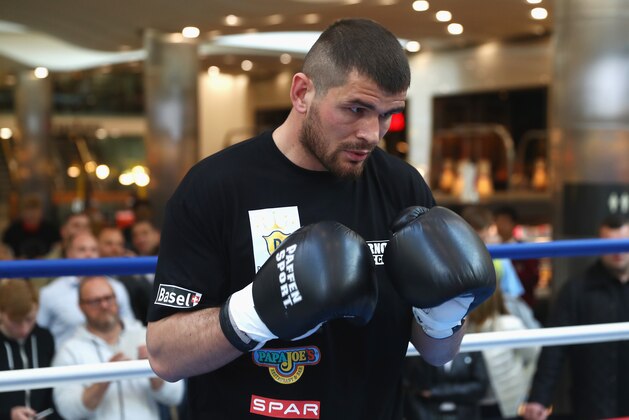 LONDON, ENGLAND - MAY 16:  Arnold Gjergjaj takes part in his open work out session ahead of his fight against David Haye of Great Britain at Jubilee Place, Canary Wharf on May 16, 2016 in London, England.  (Photo by Julian Finney/Getty Images)