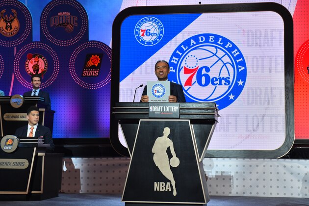 NEW YORK, NEW YORK - MAY 17:  Mark Tatum, NBA's deputy commissioner, announces the Philadelphia 76ers as the #1 pick during the 2016 NBA Draft Lottery at the New York Hilton in New York, New York. NOTE TO USER: User expressly acknowledges and agrees that, by downloading and or using this Photograph, user is consenting to the terms and conditions of the Getty Images License Agreement.  Mandatory Copyright Notice: Copyright 2016 NBAE (Photo by Jesse D. Garrabrant/NBAE via Getty Images)