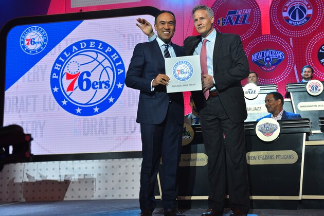 NEW YORK, NEW YORK - MAY 17:  Mark Tatum, NBA's deputy commissioner, poses for a photo with Brett Brown of the Philadelphia 76ers as they get the #1 pick during the 2016 NBA Draft Lottery at the New York Hilton in New York, New York. NOTE TO USER: User expressly acknowledges and agrees that, by downloading and or using this Photograph, user is consenting to the terms and conditions of the Getty Images License Agreement.  Mandatory Copyright Notice: Copyright 2016 NBAE (Photo by Jesse D. Garrabrant/NBAE via Getty Images)