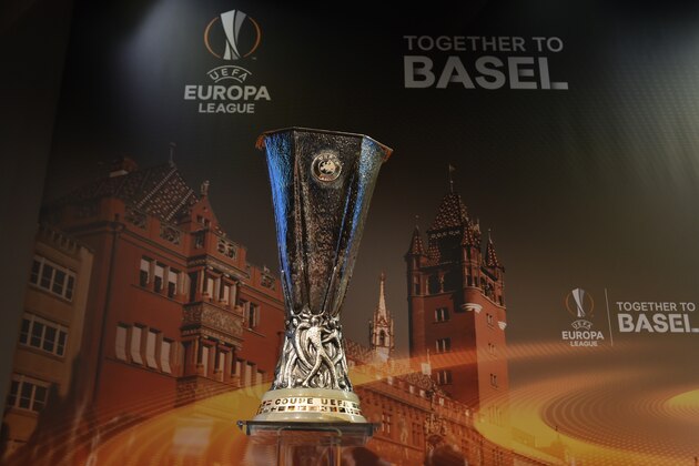A picture shows the Europa League trophy before the semi-final draw for the UEFA Europa League at the UEFA headquarters in Nyon on April 15, 2016.   AFP PHOTO / FABRICE COFFRINI / AFP / FABRICE COFFRINI        (Photo credit should read FABRICE COFFRINI/AFP/Getty Images)