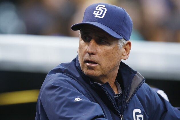 San Diego Padres manager Bud Black (20) looks on against the Colorado Rockies in the first inning of a baseball game Wednesday, April 22, 2015, in Denver. (AP Photo/David Zalubowski)