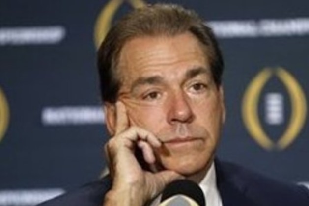 Alabama head coach Nick Saban listens during a news conference for the NCAA college football playoff championship game Sunday, Jan. 10, 2016, in Glendale, Ariz. (AP Photo/Morry Gash)