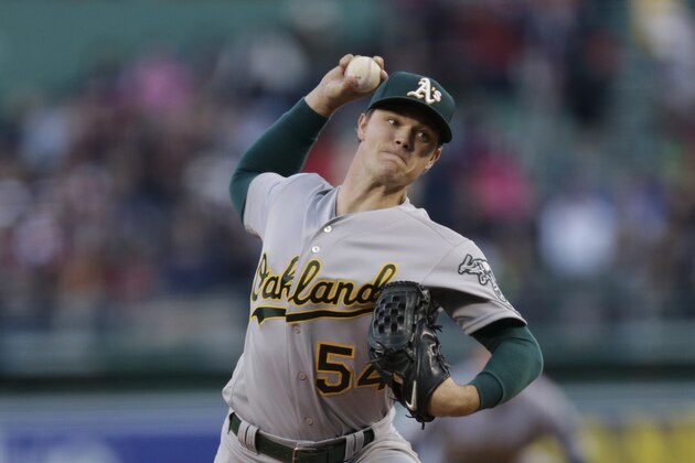 Oakland Athletics starting pitcher Sonny Gray delivers during the first inning of a baseball game at Fenway Park in Boston, Monday, May 9, 2016. (AP Photo/Charles Krupa)