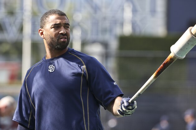 San Diego Padres' Matt Kemp gets loose at batting practice prior to a baseball game against the Colorado Rockies Tuesday, May 3, 2016, in San Diego. (AP Photo/Lenny Ignelzi)