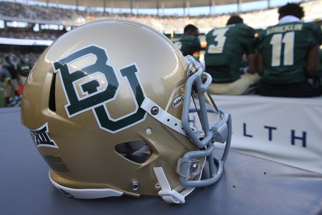 Baylor football helmet on the sidelines during their game with Rice at an NCAA college football game, Saturday, Sept. 26, 2015, in Waco, Texas. (AP Photo/Rod Aydelotte)