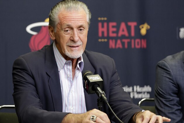 Miami Heat president Pat Riley talks to reporters during a news conference, Thursday, July 9, 2015, in Miami. Goran Dragic has signed his five-year deal with the Miami Heat. (AP Photo/Alan Diaz)