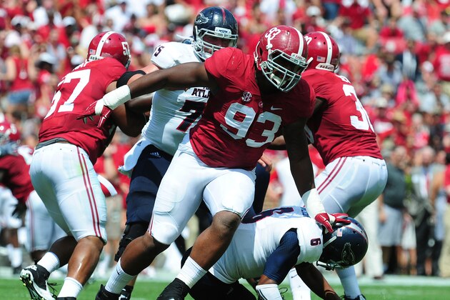 TUSCALOOSA, AL - SEPTEMBER 6: Jonathan Allen #93 of the Alabama Crimson Tide rushes the passer against the Florida Atlantc Owls on September 6, 2014 at Bryant-Denny Stadium in Tuscaloosa, Alabama. (Photo by Scott Cunningham/Getty Images)