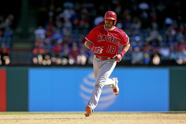 May 1, 2016; Arlington, TX, USA; Los Angeles Angels catcher Geovany Soto (18) rounds the bases after hitting a home run during the eighth inning against the Texas Rangers at Globe Life Park in Arlington. Mandatory Credit: Kevin Jairaj-USA TODAY Sports