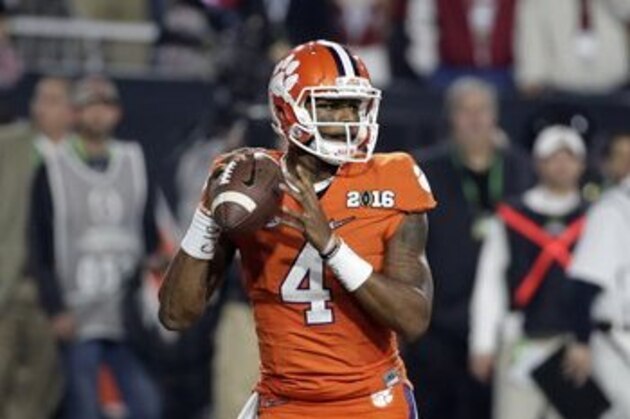 Clemson's Deshaun Watson (4) throws during the first half of the NCAA college football playoff championship game against Alabama, Monday, Jan. 11, 2016, in Glendale, Ariz. (AP Photo/Chris Carlson)