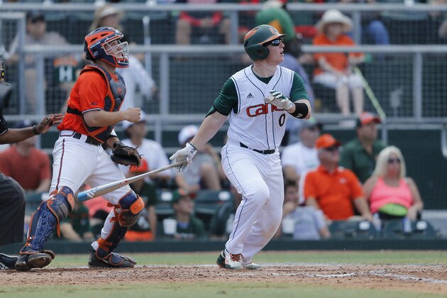 CORAL GABLES, FL - APRIL 24: Zack Collins #0 of the Miami Hurricanes hits a two run home run against the Virginia Cavaliers during fourth inning action on April 24, 2016 at Alex Rodriguez Park at Mark Light Field in Coral Gables, Florida. Virginia defeated Miami 7-3. (Photo by Joel Auerbach/Getty Images)