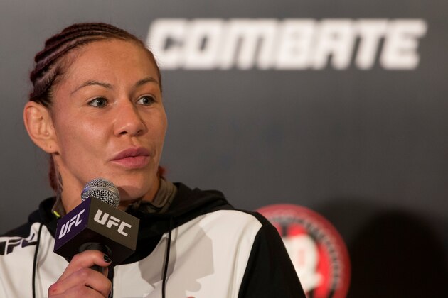 CURITIBA, BRAZIL - MAY 14: Cris Cyborg Justino of Brazil attends the media after the fight against Leslie Smith of the United States in their catchweight bout during the UFC 198 at Arena da Baixada stadium on May 14, 2016 in Curitiba, Brazil. (Photo by Buda Mendes/Zuffa LLC/Zuffa LLC via Getty Images)