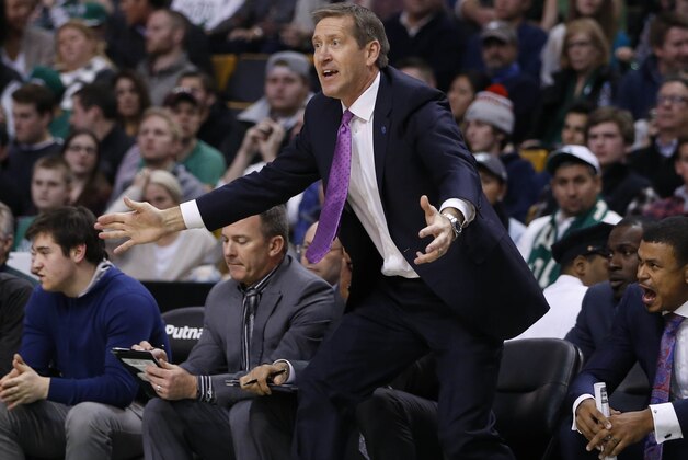 Jan 15, 2016; Boston, MA, USA; Phoenix Suns head coach Jeff Hornacek reacts from the sideline as they take not the Boston Celtics in the second half at TD Garden. The Celtics defeated the Phoenix Suns 117-103. Mandatory Credit: David Butler II-USA TODAY Sports