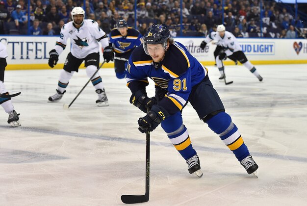 May 15, 2016; St. Louis, MO, USA; St. Louis Blues right wing Vladimir Tarasenko (91) skates with the puck against the San Jose Sharks during the first period in game one of the Western Conference Final of the 2016 Stanley Cup Playoffs at Scottrade Center. Mandatory Credit: Jasen Vinlove-USA TODAY Sports May 15, 2016; St. Louis, MO, USA; St. Louis Blues right wing Vladimir Tarasenko (91) skates with the puck against the San Jose Sharks during the first period in game one of the Western Conference Final of the 2016 Stanley Cup Playoffs at Scottrade Center. Mandatory Credit: Jasen Vinlove-USA TODAY Sports