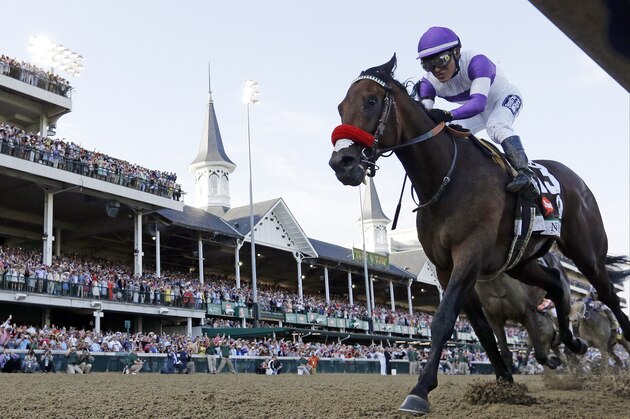 FILE - In this May 7, 2016, file photo, Mario Gutierrez rides Nyquist to victory during the 142nd running of the Kentucky Derby horse race at Churchill Downs in Louisville, Ky. Happy, healthy and hangin' in his new home, Kentucky Derby winner Nyquist is gearing up for another big race, the Preakness Stakes at Pimlico Race Course in Baltimore next Saturday, May 21st. (AP Photo/David J. Phillip, File)