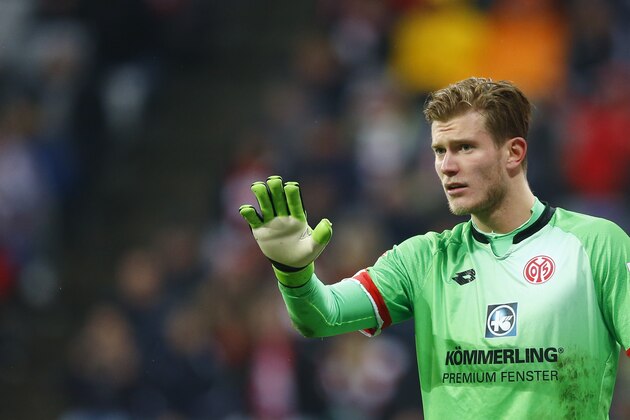 Mainz's goalkeeper Loris Karius gestures during the German Bundesliga soccer match between FC Bayern Munich and FSV Mainz 05 at the Allianz Arena stadium in Munich, Germany, Wednesday, March 2, 2016. (AP Photo/Matthias Schrader)