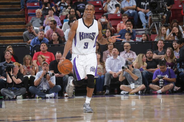 SACRAMENTO, CA - APRIL 5: Rajon Rondo #9 of the Sacramento Kings brings the ball up the court against the Portland Trail Blazers on April 5, 2016 at Sleep Train Arena in Sacramento, California. NOTE TO USER: User expressly acknowledges and agrees that, by downloading and or using this photograph, User is consenting to the terms and conditions of the Getty Images Agreement. Mandatory Copyright Notice: Copyright 2016 NBAE (Photo by Rocky Widner/NBAE via Getty Images)
