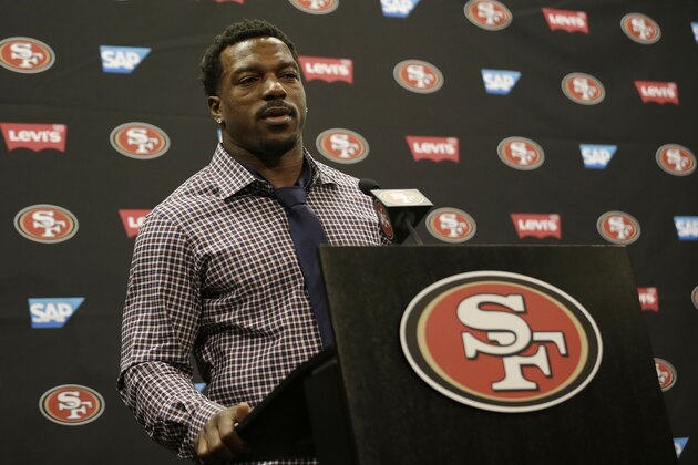 San Francisco 49ers linebacker Patrick Willis speaks at a news conference at the 49ers' NFL football facility in Santa Clara, Tuesday, March 10, 2015. Willis, a seven-time Pro Bowler, will retire after his 2014 season was cut short by a toe injury that required surgery, the 49ers announced, Tuesday, March 10, 2015. (AP Photo/Jeff Chiu)